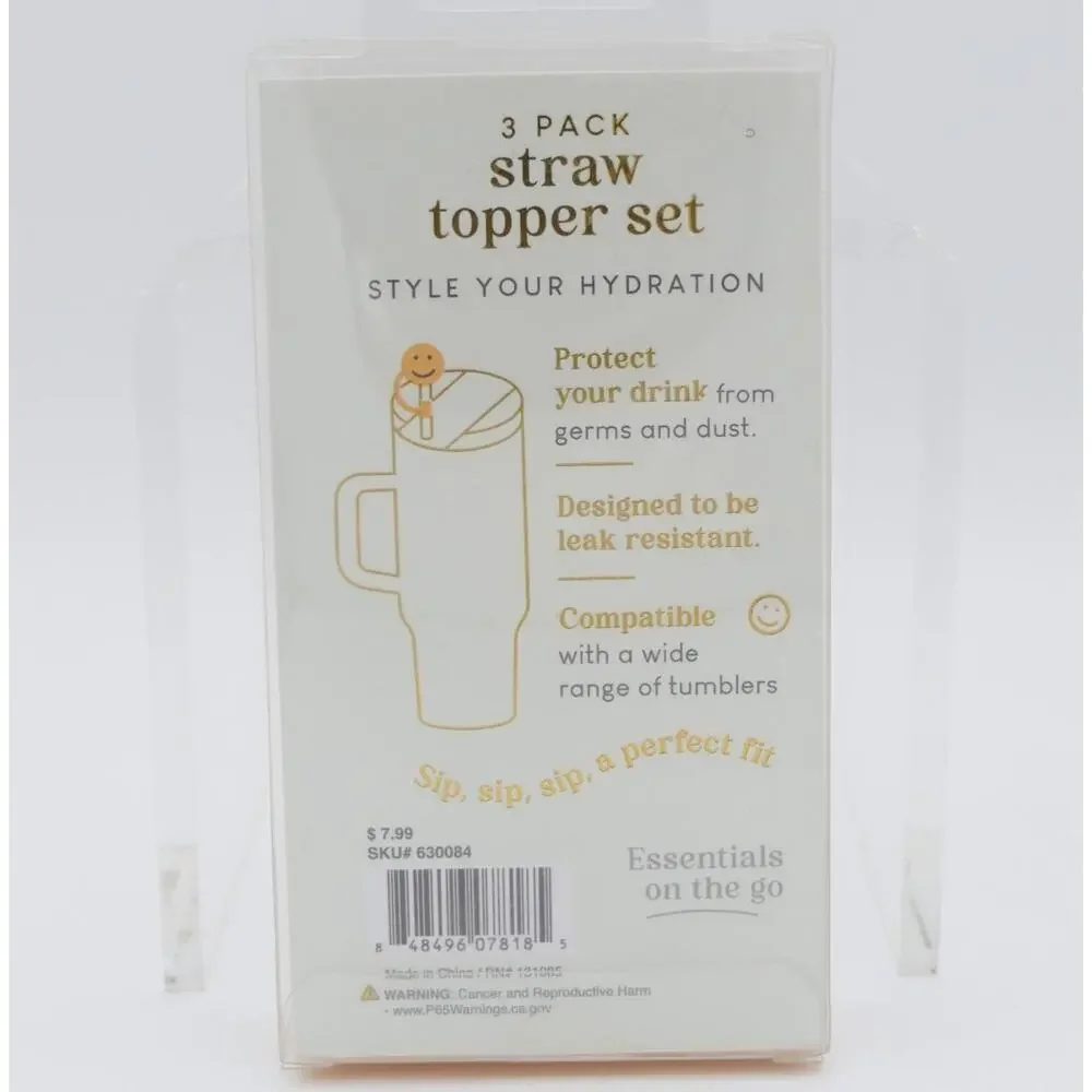 3 Pack Tumbler Straw Topper Set (Yin/Yang  Evil Eye  Smiley Face)